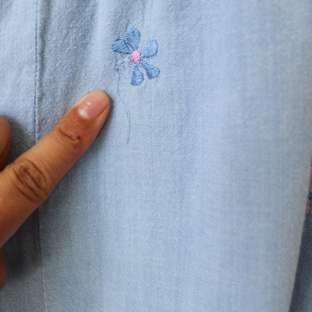 Vintage 90's Y2K Embroidered Cotton Chambray Denim Cottagecore Button Maxi Dress - Picture 7 of 9